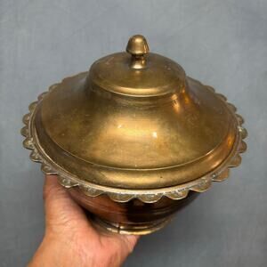 Vintage Brass Lidded Bowl Scalloped Edge Trinket Candy Dish Boho Decor